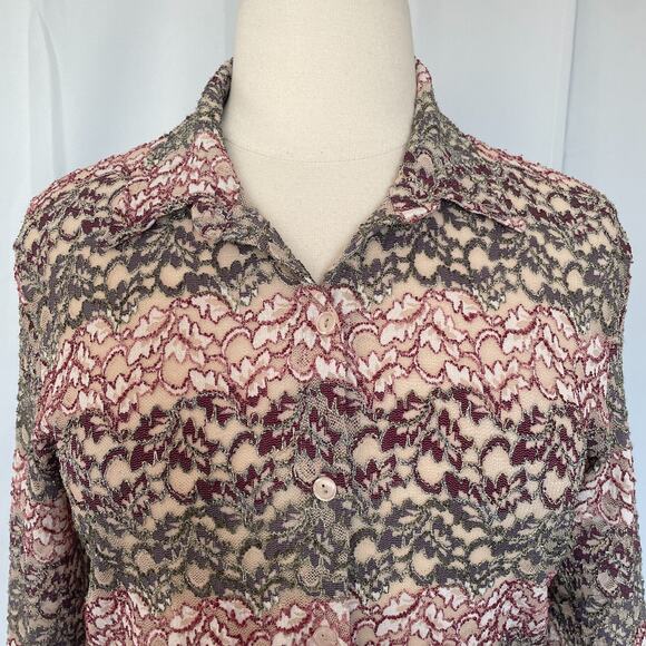 Y2K Top Womens Size XL Pink Striped Sheer Lace Stretch Fairy Whimsigoth Coquette - Picture 2 of 11